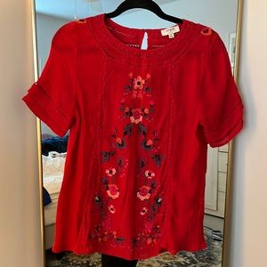 Umgee Embroidered Red Blouse with Flowers